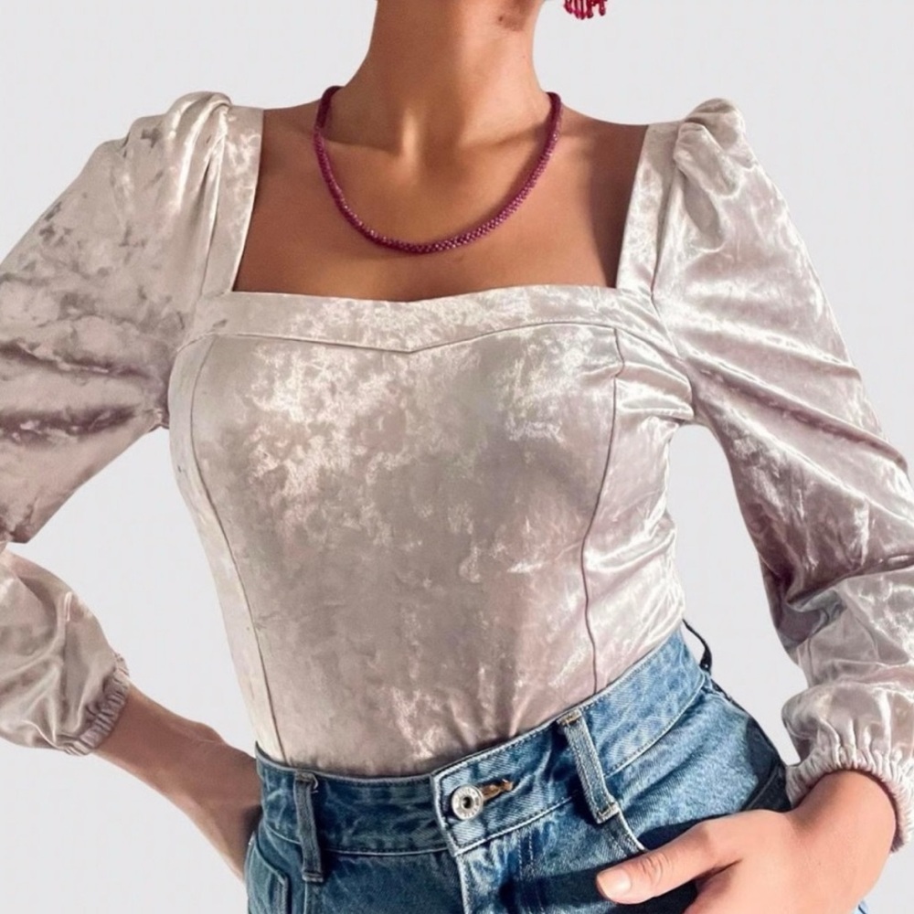 Anthropologie / Jessima Crushed Velvet-Like Blush Pink Renaissance Dressy Top